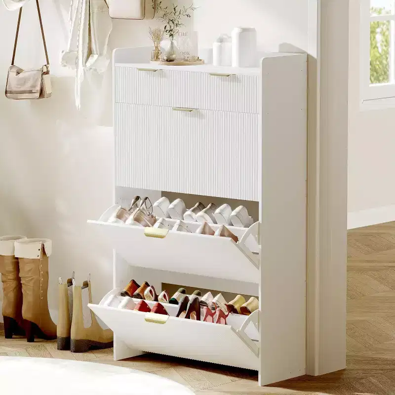 Meuble à chaussures moderne blanc avec 3 tiroirs basculants et 2 petits tiroirs et crochet, organiseur de rangement à chaussures fin cannelé, meuble d'entrée étroit