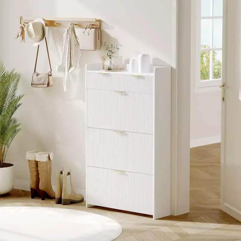 Meuble à chaussures moderne blanc avec 3 tiroirs basculants et 2 petits tiroirs et crochet, organiseur de rangement à chaussures fin cannelé, meuble d'entrée étroit