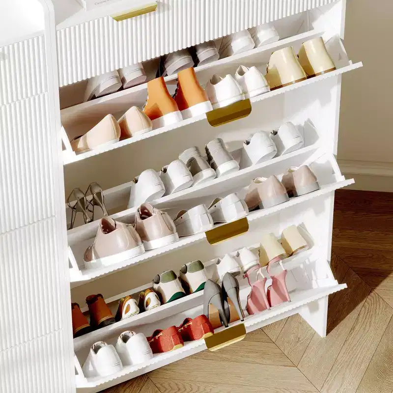Meuble à chaussures moderne blanc avec 3 tiroirs basculants et 2 petits tiroirs et crochet, organiseur de rangement à chaussures fin cannelé, meuble d'entrée étroit