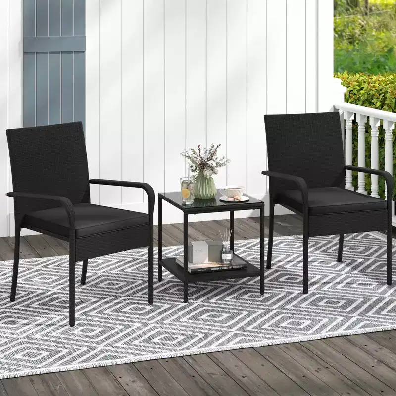Ensemble de mobilier de jardin Costway 3 pièces avec table à 2 niveaux, plateau en verre trempé et coussins moelleux Blanc/Noir/Marron