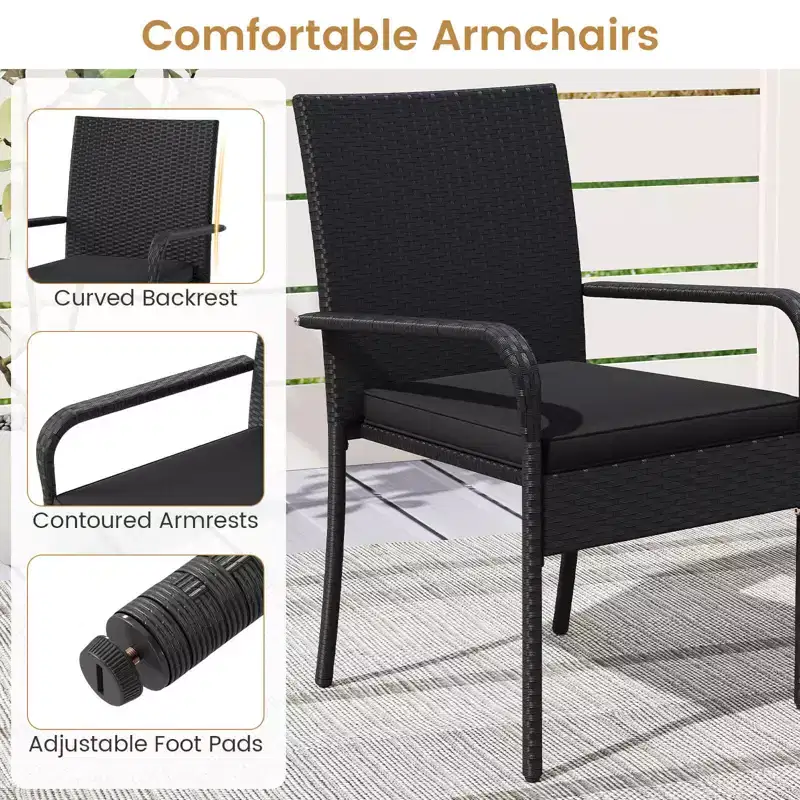 Ensemble de mobilier de jardin Costway 3 pièces avec table à 2 niveaux, plateau en verre trempé et coussins moelleux Blanc/Noir/Marron