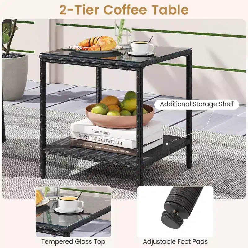 Ensemble de mobilier de jardin Costway 3 pièces avec table à 2 niveaux, plateau en verre trempé et coussins moelleux Blanc/Noir/Marron