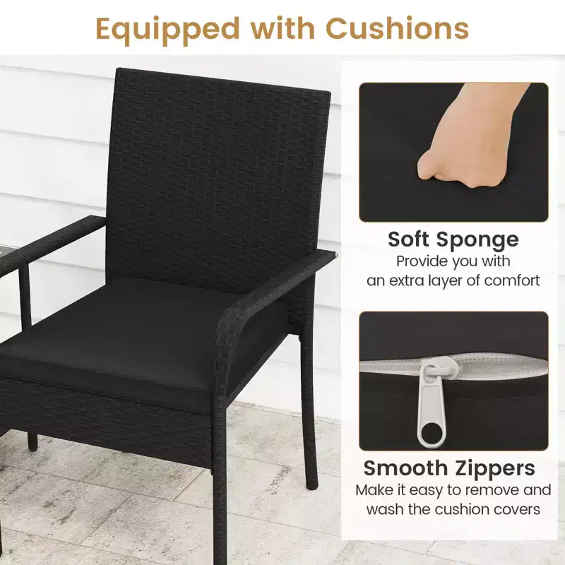 Ensemble de mobilier de jardin Costway 3 pièces avec table à 2 niveaux, plateau en verre trempé et coussins moelleux Blanc/Noir/Marron