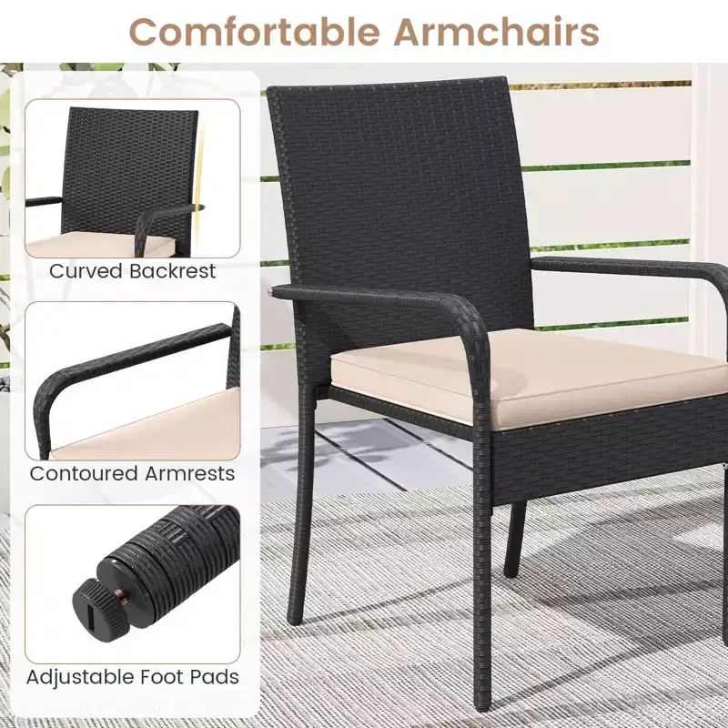 Ensemble de mobilier de jardin Costway 3 pièces avec table à 2 niveaux, plateau en verre trempé et coussins moelleux Blanc/Noir/Marron