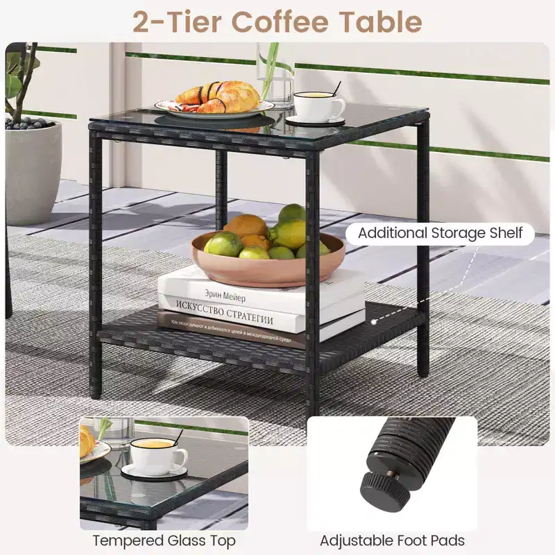 Ensemble de mobilier de jardin Costway 3 pièces avec table à 2 niveaux, plateau en verre trempé et coussins moelleux Blanc/Noir/Marron