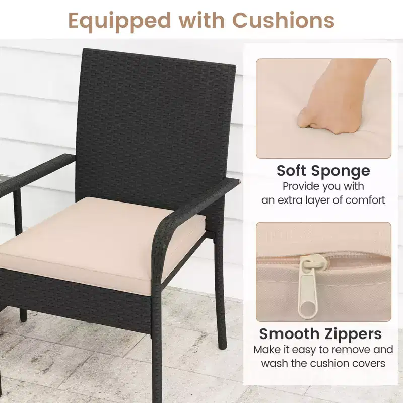 Ensemble de mobilier de jardin Costway 3 pièces avec table à 2 niveaux, plateau en verre trempé et coussins moelleux Blanc/Noir/Marron