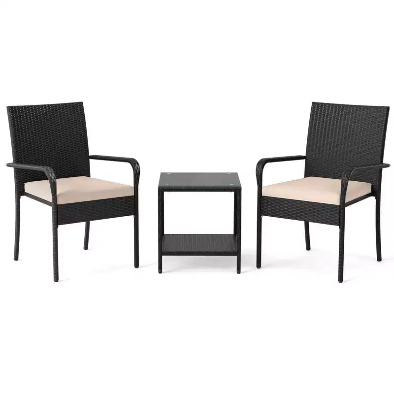 Ensemble de mobilier de jardin Costway 3 pièces avec table à 2 niveaux, plateau en verre trempé et coussins moelleux Blanc/Noir/Marron