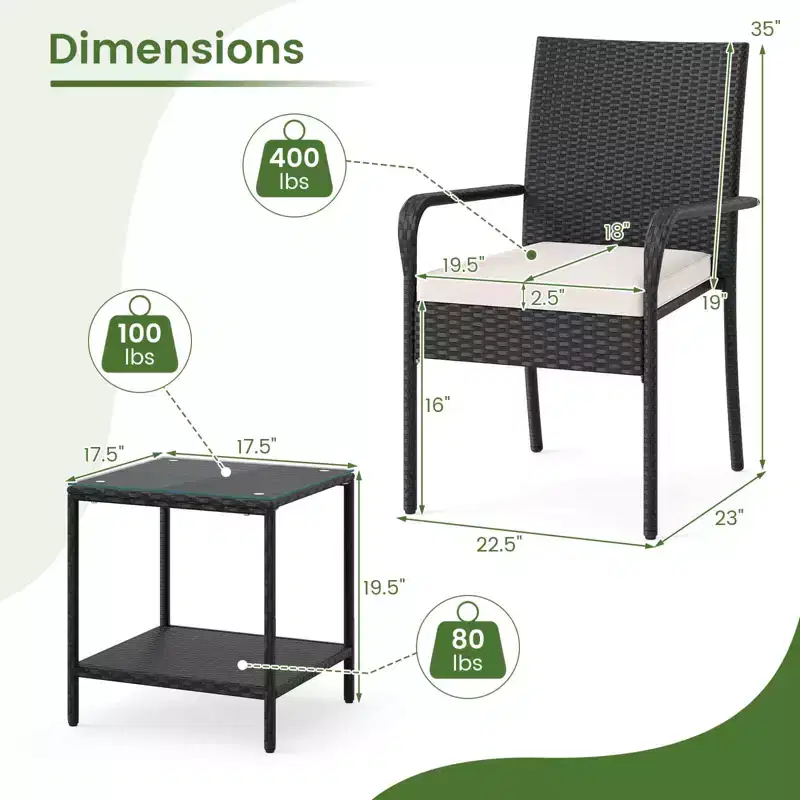 Ensemble de mobilier de jardin Costway 3 pièces avec table à 2 niveaux, plateau en verre trempé et coussins moelleux Blanc/Noir/Marron