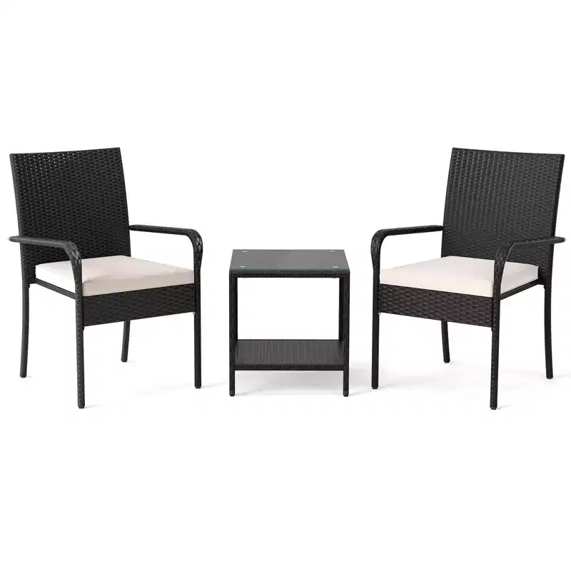 Ensemble de mobilier de jardin Costway 3 pièces avec table à 2 niveaux, plateau en verre trempé et coussins moelleux Blanc/Noir/Marron