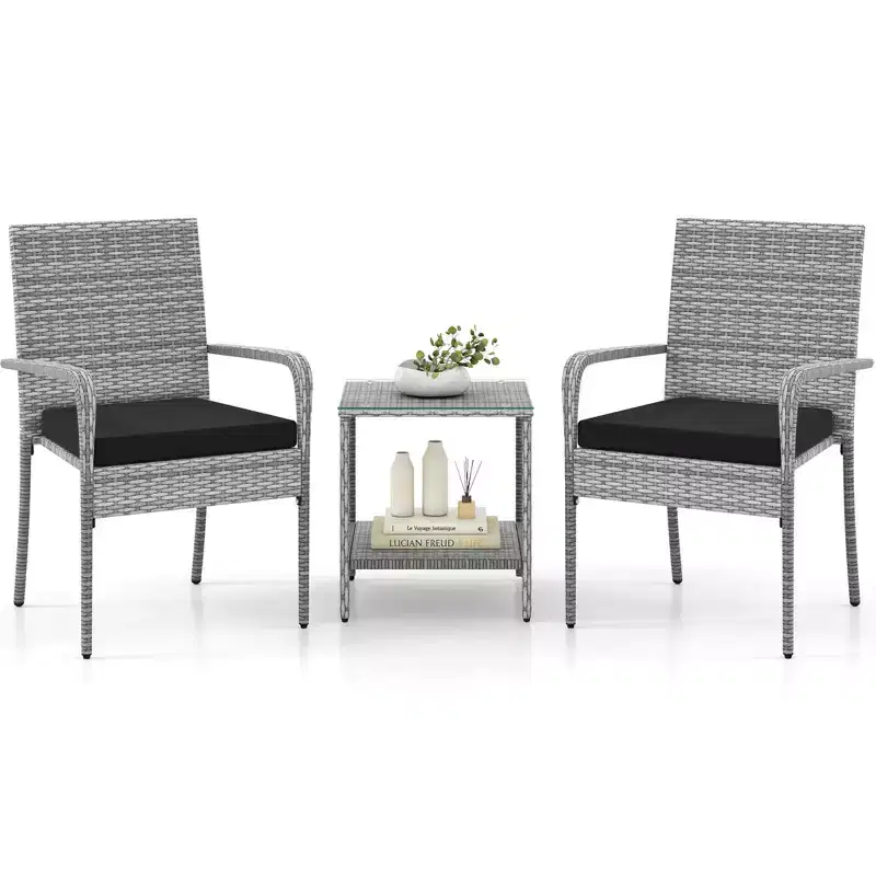 Ensemble de mobilier de jardin Costway 3 pièces avec table à 2 niveaux, plateau en verre trempé et coussins moelleux Blanc/Noir/Marron