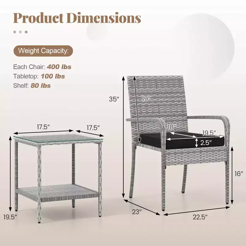 Ensemble de mobilier de jardin Costway 3 pièces avec table à 2 niveaux, plateau en verre trempé et coussins moelleux Blanc/Noir/Marron