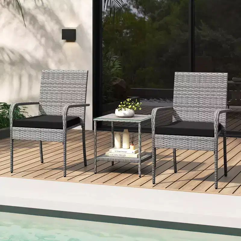 Ensemble de mobilier de jardin Costway 3 pièces avec table à 2 niveaux, plateau en verre trempé et coussins moelleux Blanc/Noir/Marron