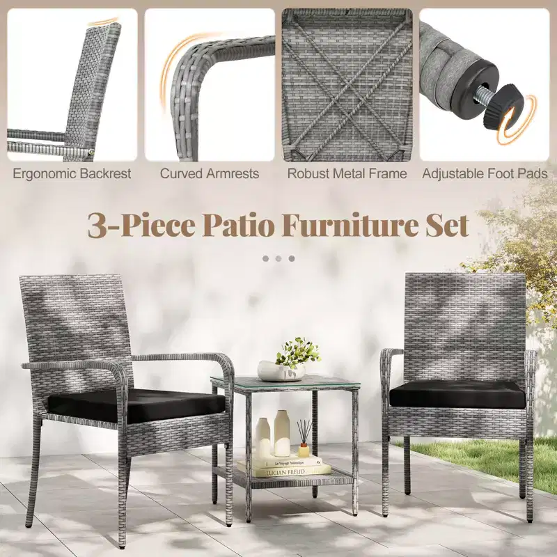 Ensemble de mobilier de jardin Costway 3 pièces avec table à 2 niveaux, plateau en verre trempé et coussins moelleux Blanc/Noir/Marron