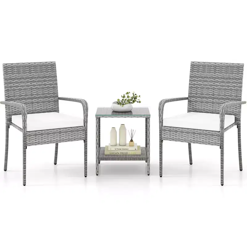 Ensemble de mobilier de jardin Costway 3 pièces avec table à 2 niveaux, plateau en verre trempé et coussins moelleux Blanc/Noir/Marron