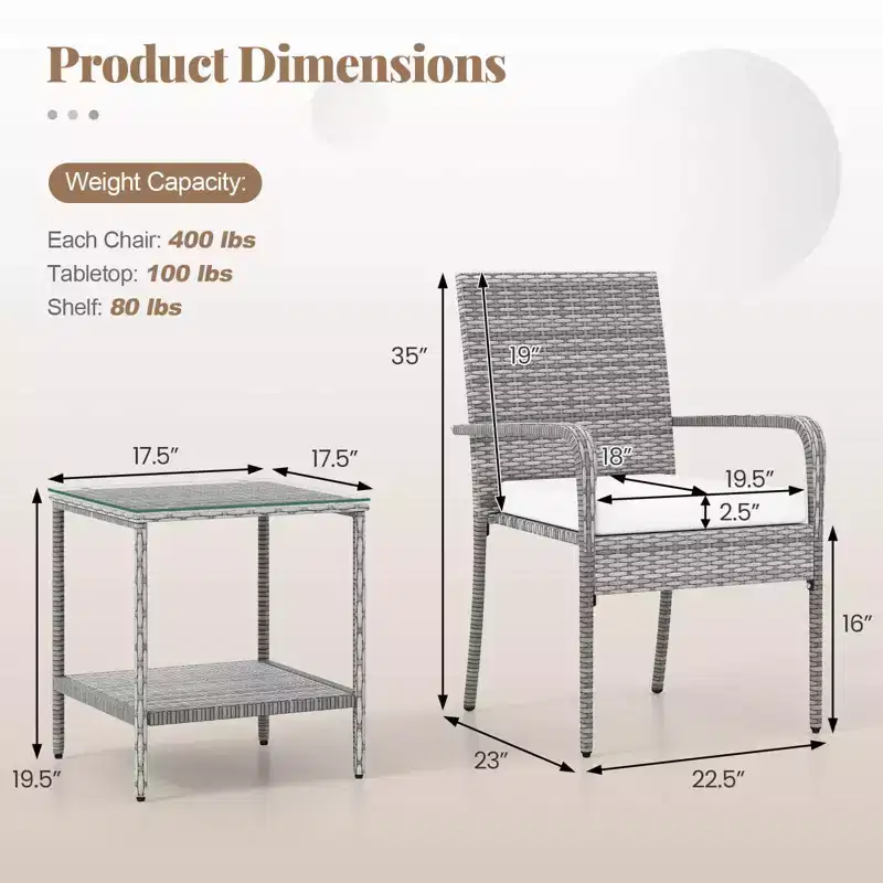 Ensemble de mobilier de jardin Costway 3 pièces avec table à 2 niveaux, plateau en verre trempé et coussins moelleux Blanc/Noir/Marron