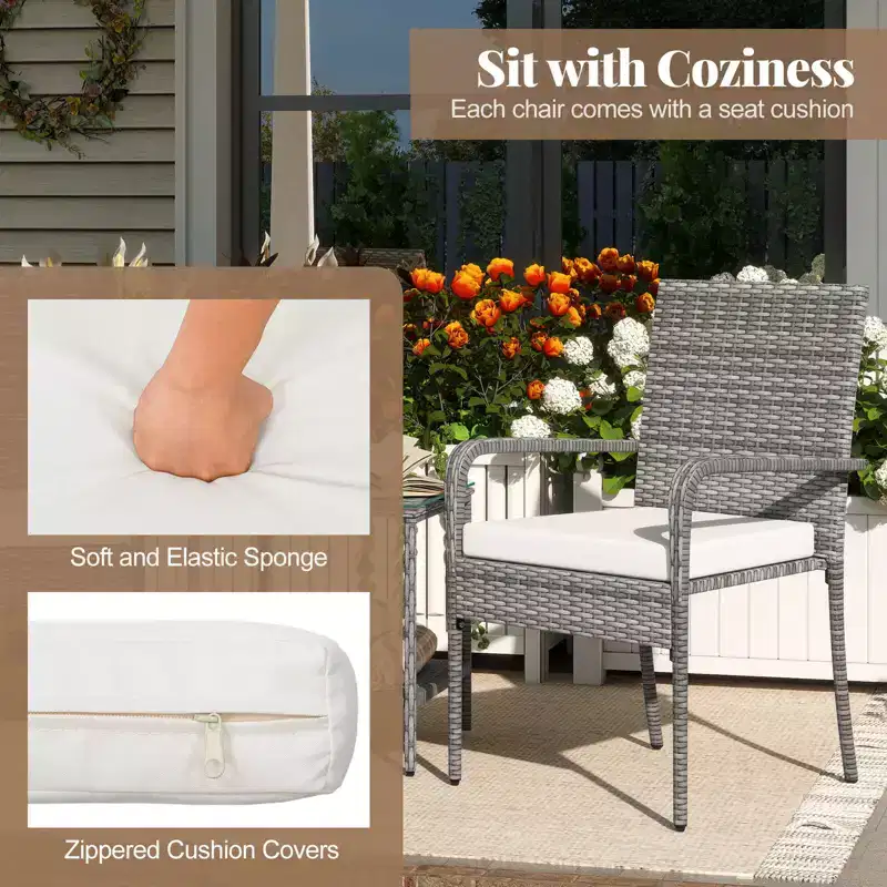 Ensemble de mobilier de jardin Costway 3 pièces avec table à 2 niveaux, plateau en verre trempé et coussins moelleux Blanc/Noir/Marron