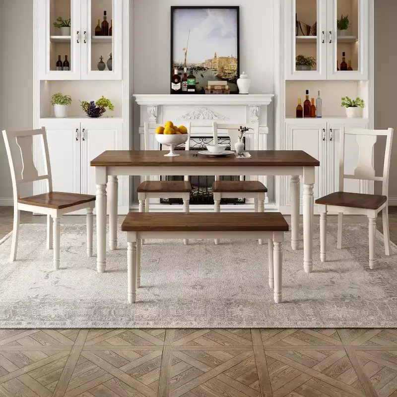Ensemble de salle à manger 6 pièces avec 4 chaises et un banc, style rétro classique, marron+blanc cottage-HABITRIO
