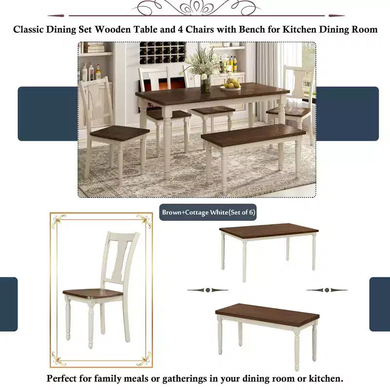 Ensemble de salle à manger 6 pièces avec 4 chaises et un banc, style rétro classique, marron+blanc cottage-HABITRIO