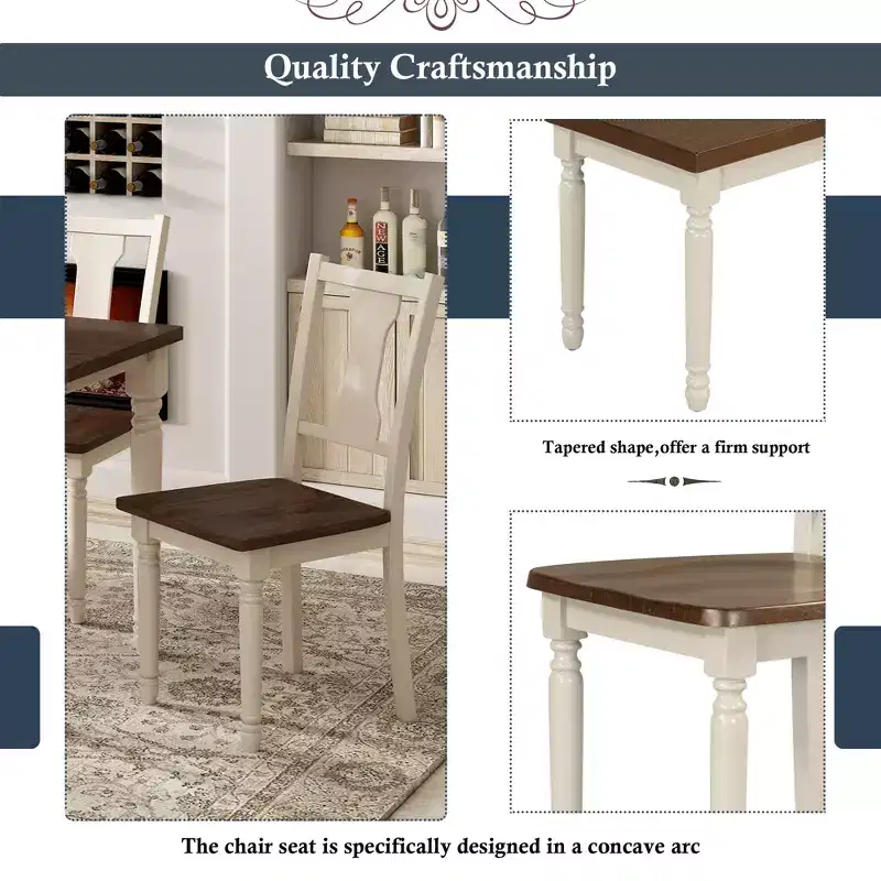 Ensemble de salle à manger 6 pièces avec 4 chaises et un banc, style rétro classique, marron+blanc cottage-HABITRIO