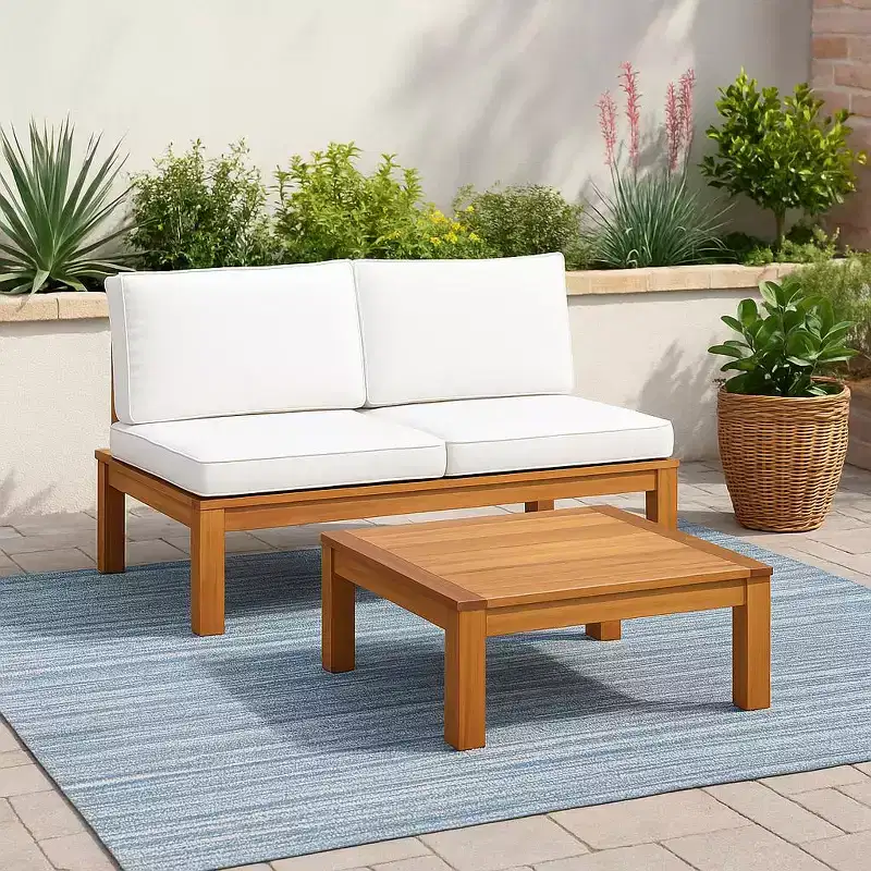 Ensemble de canapé modulaire 2 pièces et chaise longue convertible avec finition en bois naturel - Teamson Home : Cadre en acacia massif et coussins résistants aux intempéries