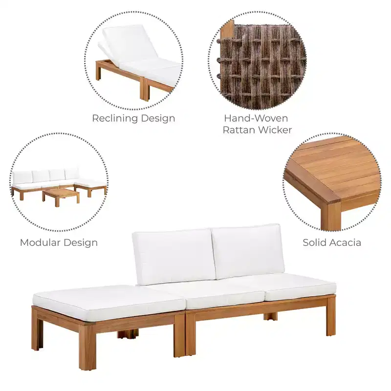 Ensemble de canapé modulaire 2 pièces et chaise longue convertible avec finition en bois naturel - Teamson Home : Cadre en acacia massif et coussins résistants aux intempéries