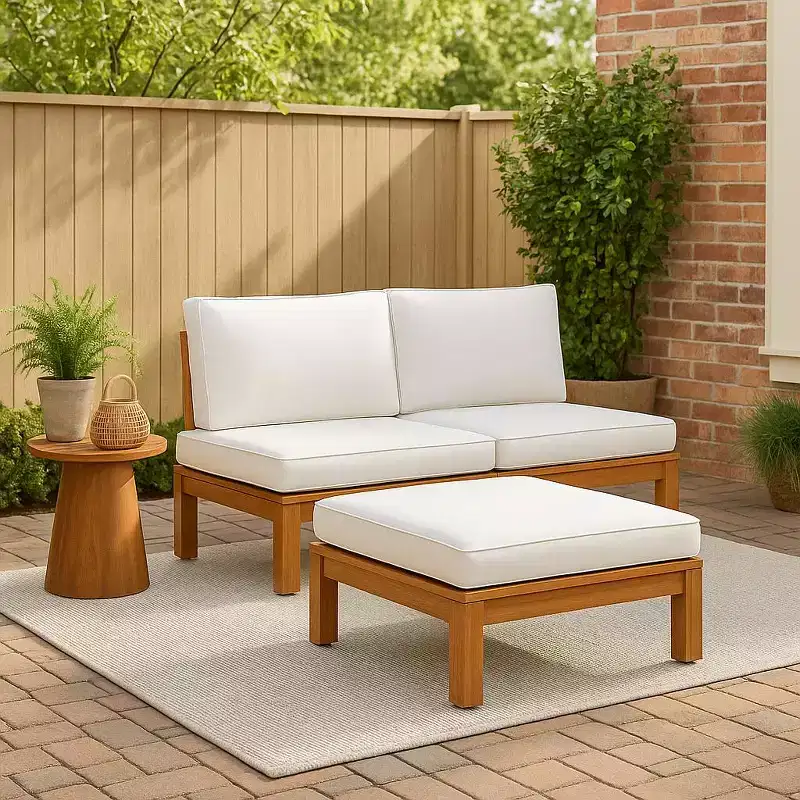 Ensemble de canapé modulaire 2 pièces et chaise longue convertible avec finition en bois naturel - Teamson Home : Cadre en acacia massif et coussins résistants aux intempéries