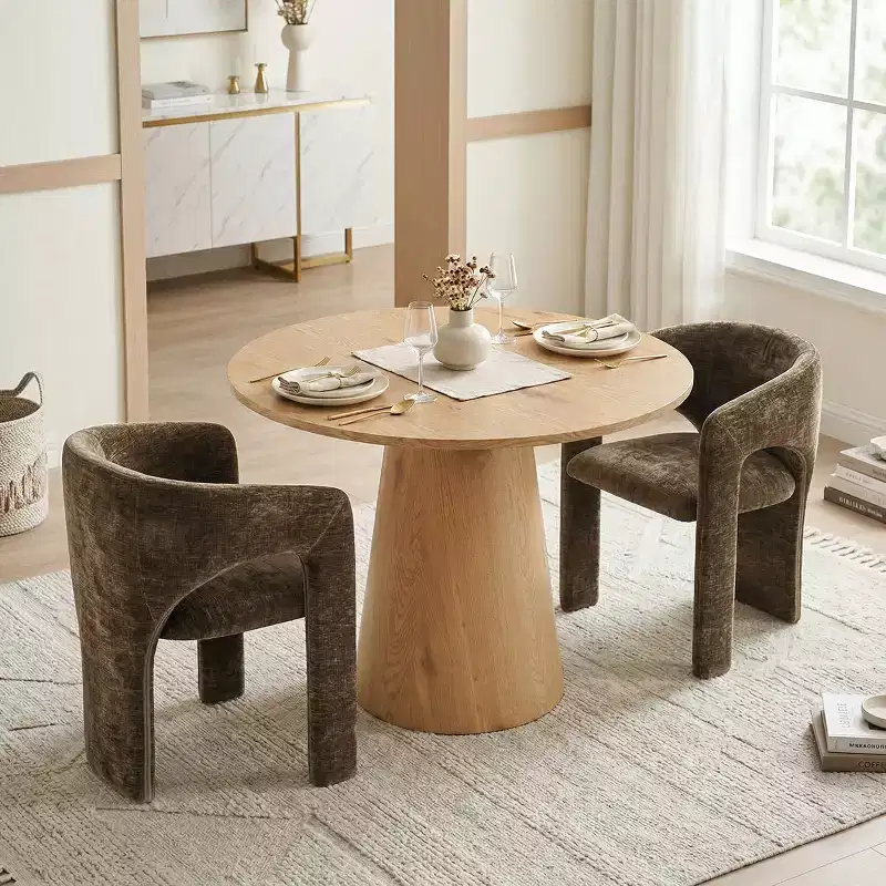 Ensemble table à manger ronde avec 2 fauteuils en chenille, table piédestal moderne et chaises rembourrées avec dossier et accoudoirs complets - Panipeachy