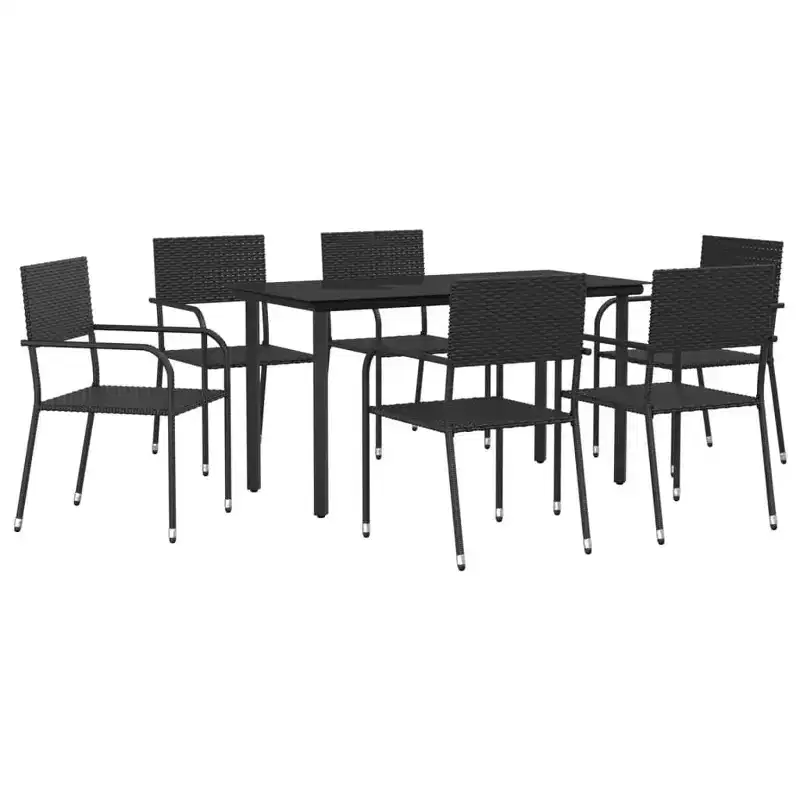 vidaXL Ensemble de jardin à dîner en rotin synthétique noir et acier, empilable, longueur de table 140 cm, 6 pièces