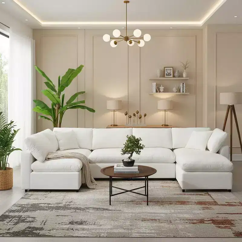 Canapé-lit modulaire 6 places en chenille Polibi avec ottoman