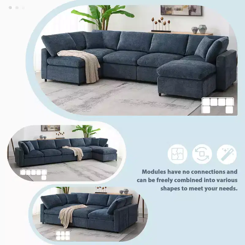 Canapé-lit modulaire 6 places en chenille Polibi avec ottoman