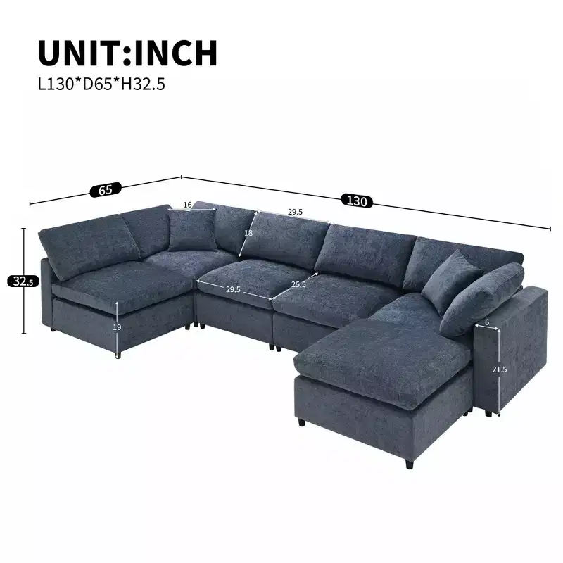 Canapé-lit modulaire 6 places en chenille Polibi avec ottoman