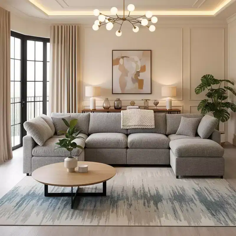 Canapé-lit modulaire 6 places en chenille Polibi avec ottoman