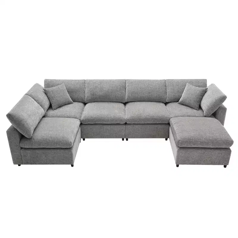 Canapé-lit modulaire 6 places en chenille Polibi avec ottoman