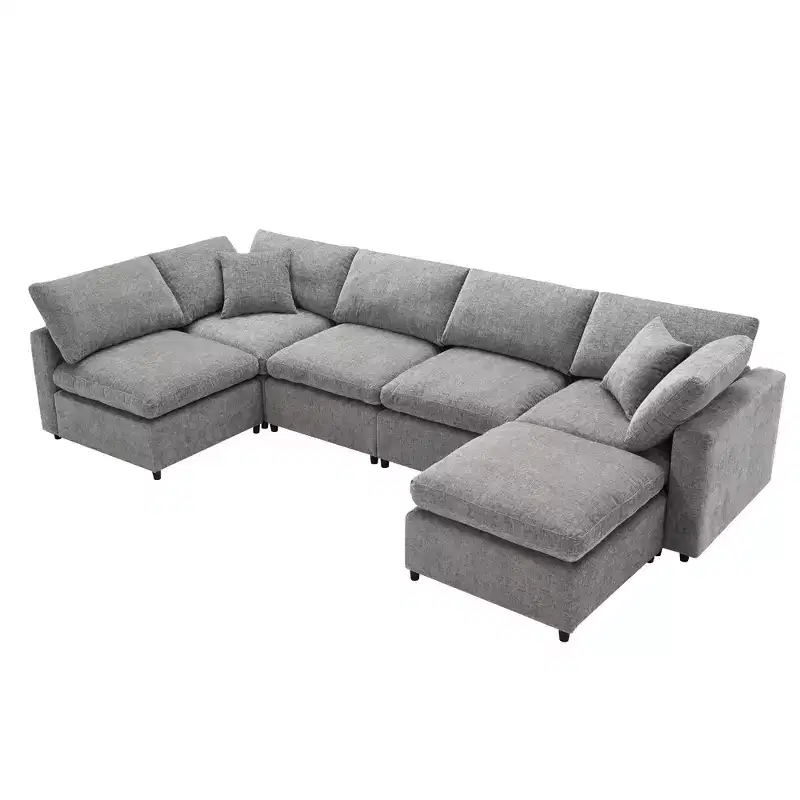 Canapé-lit modulaire 6 places en chenille Polibi avec ottoman