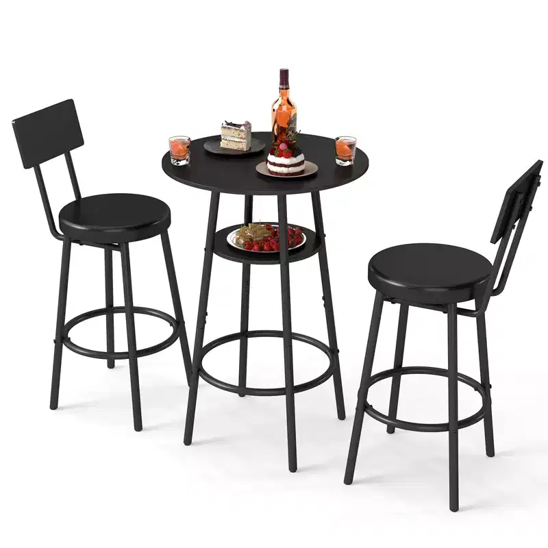 Zevemomo Ensemble de table de bar ronde 3 pièces, petite table à manger pour 2, avec rangement, 2 tabourets à coussin épais avec dossier pour salle à manger et bistrot - Noir