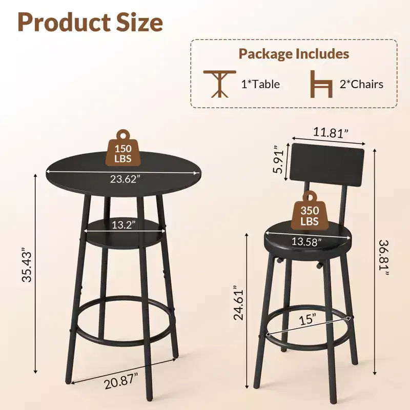Zevemomo Ensemble de table de bar ronde 3 pièces, petite table à manger pour 2, avec rangement, 2 tabourets à coussin épais avec dossier pour salle à manger et bistrot - Noir