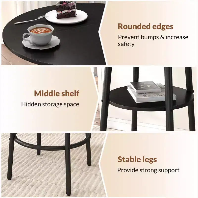 Zevemomo Ensemble de table de bar ronde 3 pièces, petite table à manger pour 2, avec rangement, 2 tabourets à coussin épais avec dossier pour salle à manger et bistrot - Noir
