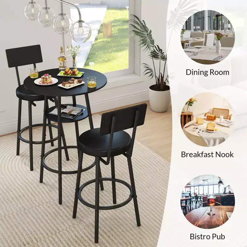 Zevemomo Ensemble de table de bar ronde 3 pièces, petite table à manger pour 2, avec rangement, 2 tabourets à coussin épais avec dossier pour salle à manger et bistrot - Noir