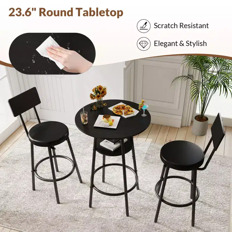 Zevemomo Ensemble de table de bar ronde 3 pièces, petite table à manger pour 2, avec rangement, 2 tabourets à coussin épais avec dossier pour salle à manger et bistrot - Noir