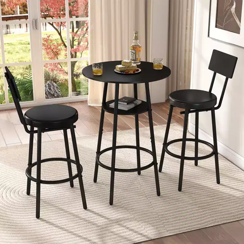 Zevemomo Ensemble de table de bar ronde 3 pièces, petite table à manger pour 2, avec rangement, 2 tabourets à coussin épais avec dossier pour salle à manger et bistrot - Noir