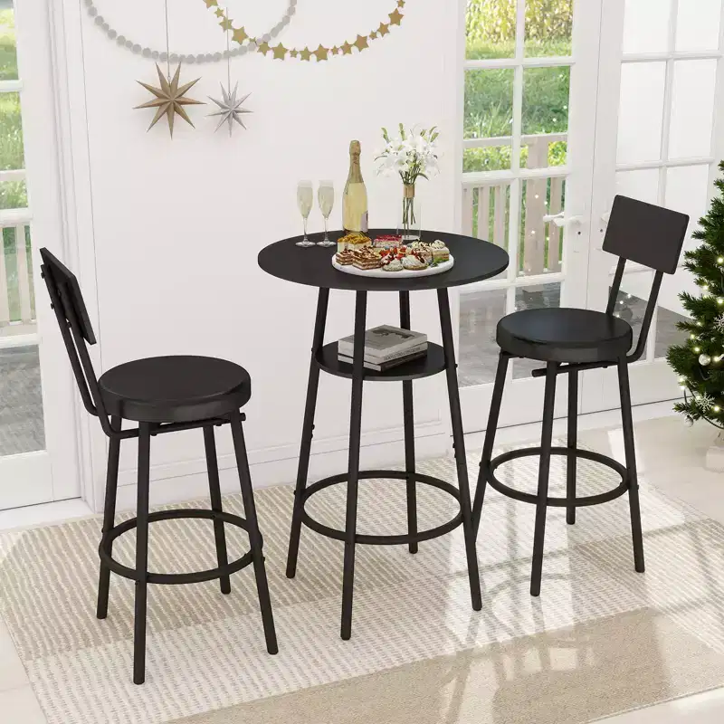 Zevemomo Ensemble de table de bar ronde 3 pièces, petite table à manger pour 2, avec rangement, 2 tabourets à coussin épais avec dossier pour salle à manger et bistrot - Noir