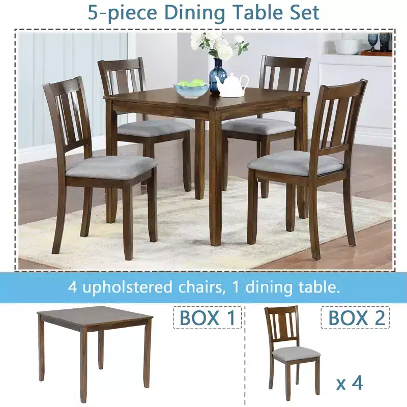 GDFStudio Kimura Ensemble de 5 Chaises de Salle à Manger Rembourrées en Bois d'Acacia Rustique avec Table à Manger Carrée
