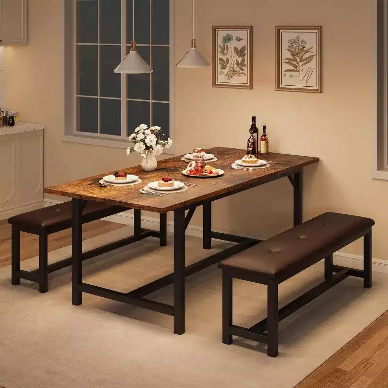 Table de salle à manger extensible de ferme pour 4/6 personnes, grand ensemble de table de salle à manger avec deux bancs rembourrés, pour la maison, la salle à manger, marron rustique
