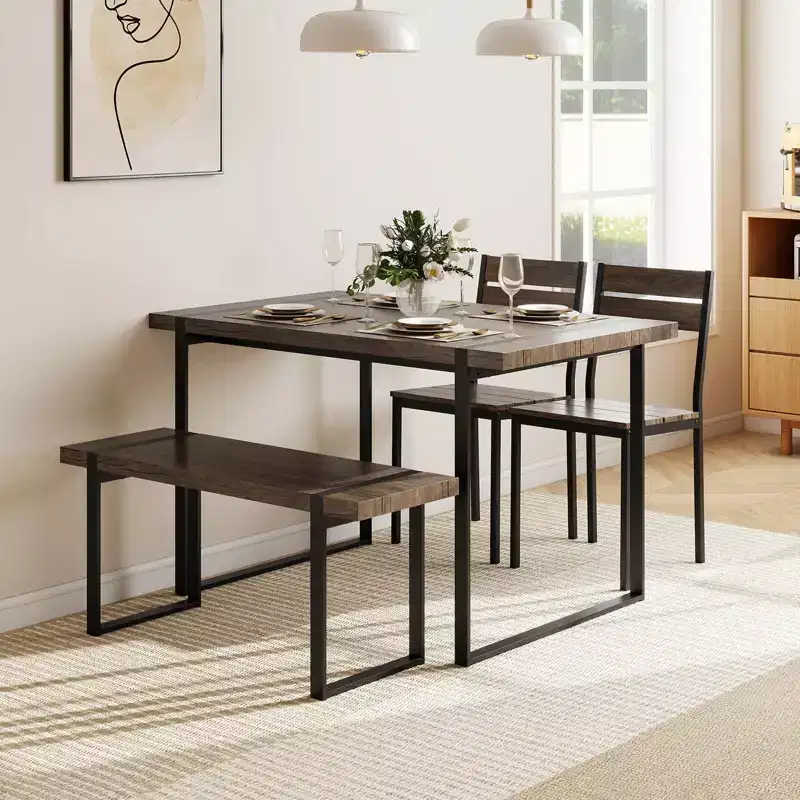 Ensemble de table à manger Costway 47 pour 4 personnes, table de cuisine en bois avec 2 chaises et banc, cadre en métal