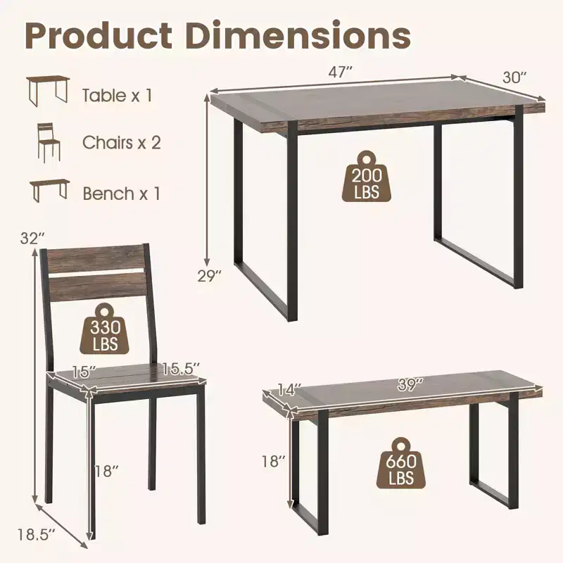 Ensemble de table à manger Costway 47 pour 4 personnes, table de cuisine en bois avec 2 chaises et banc, cadre en métal