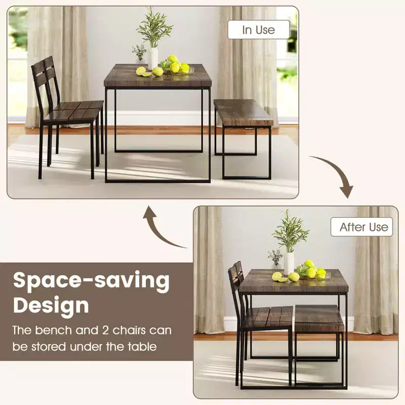 Ensemble de table à manger Costway 47 pour 4 personnes, table de cuisine en bois avec 2 chaises et banc, cadre en métal