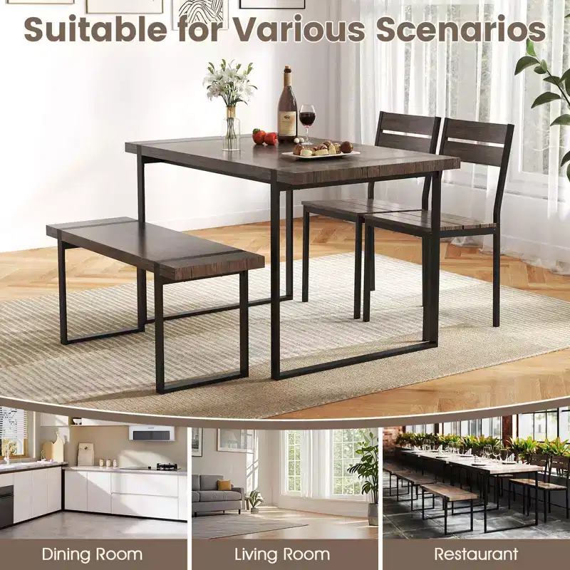 Ensemble de table à manger Costway 47 pour 4 personnes, table de cuisine en bois avec 2 chaises et banc, cadre en métal