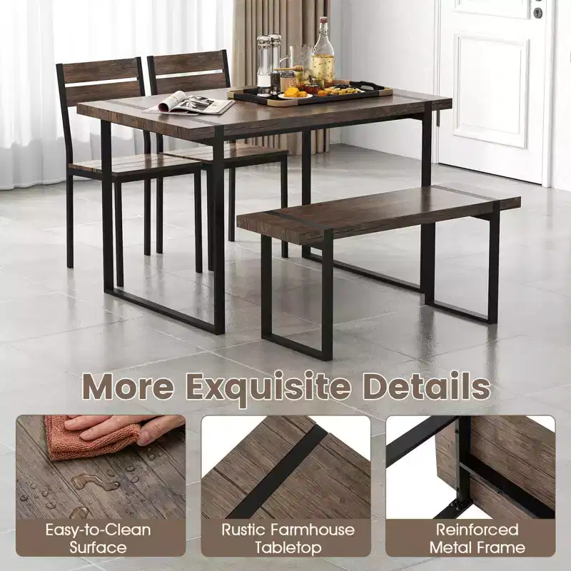 Ensemble de table à manger Costway 47 pour 4 personnes, table de cuisine en bois avec 2 chaises et banc, cadre en métal
