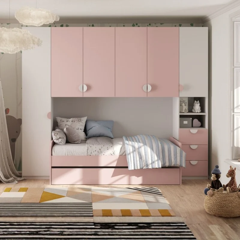 Cameretta a ponte con 2 letti colore bianco opaco e rosa 293x5x240.5H Gilbert