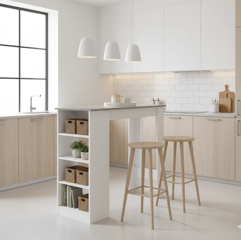 Tavolo snack alto con 3 ripiani laterali 112x49.6x103.5H colore bianco e cemento Kivo